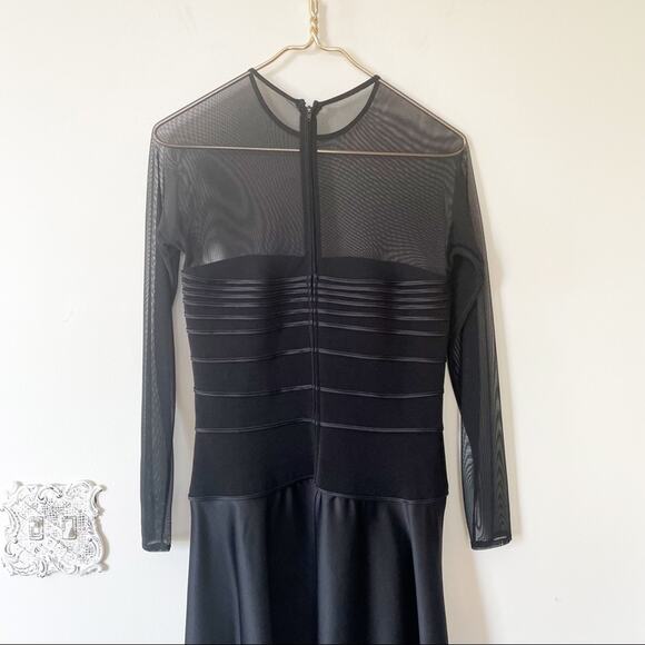 Vintage Tadashi Shoji Black Sheer Satin Long Sleeve Dress Gown 10 - Picture 4 of 9